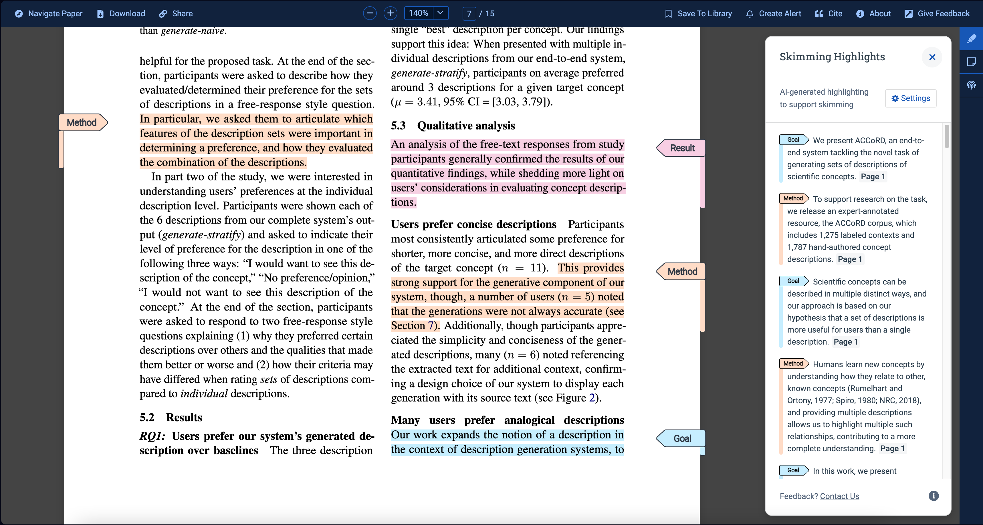 A screenshot shows a PDF reader. Colored labels in the margin that say “Method, Result, or Goal.” Passage of text highlighted in colors corresponding with the labels. A sidebar on the right side of the page which contains the title “Skimming Highlights,” the description “AI-generated highlighting to support skimming,” a Settings button, and a list of extracted text with corresponding labels.